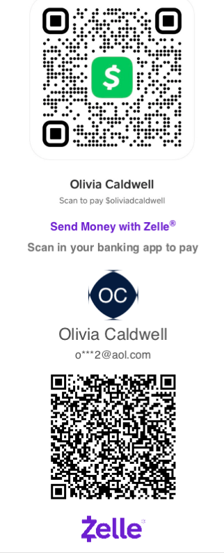 CashApp and Zelle QR codes for Olivia Caldwell